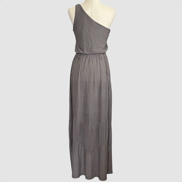 Ripcurl One Shoulder Striped Maxi Dress Size M Brown White Beachy Coastal Preppy - Picture 2 of 9